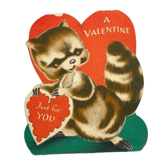 1940s Vintage Valentine Card Raccoon Heart Die cut 5 Inch Just For You - Picture 1 of 5